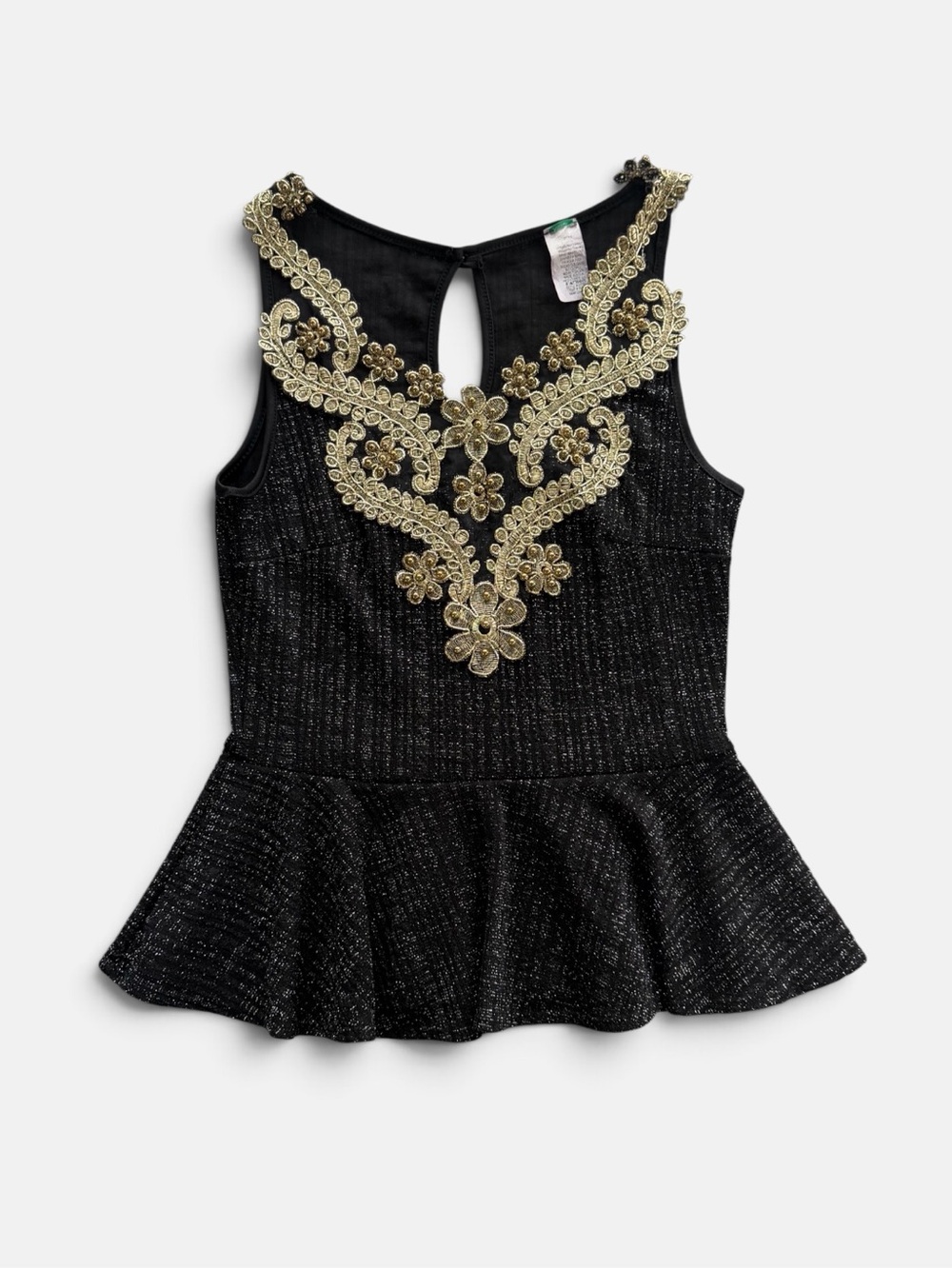 Black Gold Embroidered Peplum Tank Top Medium Boho Festival Glam